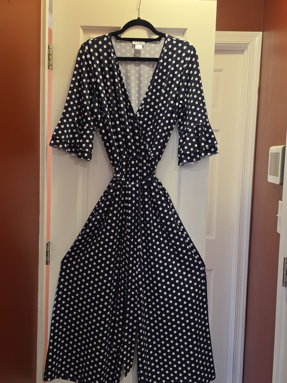 VENUS Navy & White Polka Dot Wrap Jumpsuit